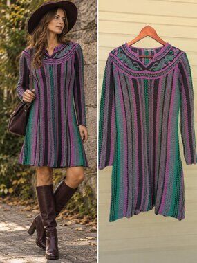 Rage Purple Green Striped Knit Embroidered Neck Boho Dress M